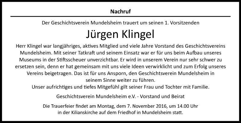  Traueranzeige für Jürgen Klingel vom 03.11.2016 aus Marbacher Zeitung
