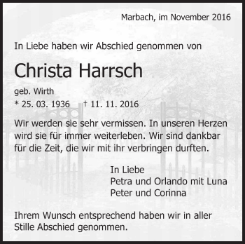 Traueranzeige von Christa Harrsch von Marbacher Zeitung