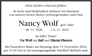 Traueranzeige von Nancy Wolf von Marbacher Zeitung