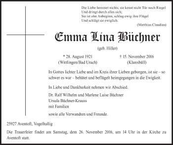 Traueranzeige von Emma Lina Büchner von Marbacher Zeitung