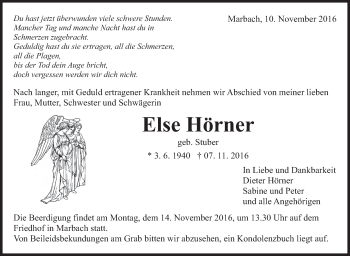 Traueranzeige von Else Hörner von Marbacher Zeitung