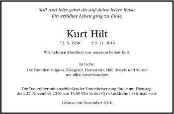 Traueranzeige von Kurt Hilt von Marbacher Zeitung