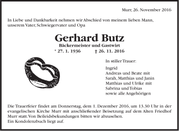 Traueranzeige von Gerhard Butz von Marbacher Zeitung
