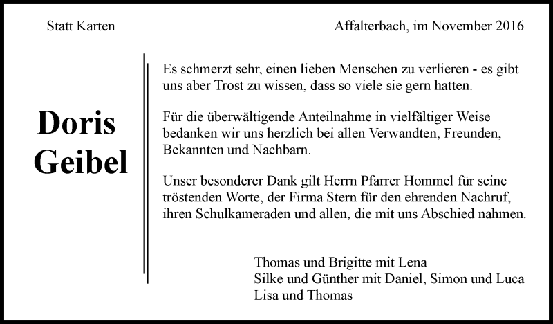  Traueranzeige für Doris Geibel vom 03.11.2016 aus Marbacher Zeitung