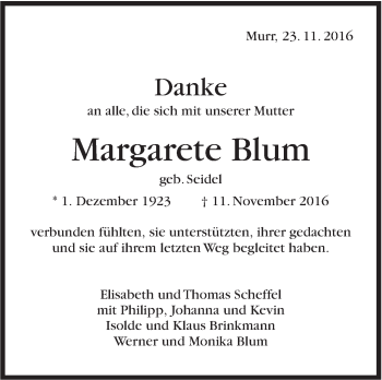 Traueranzeige von Margarete Blum von Marbacher Zeitung