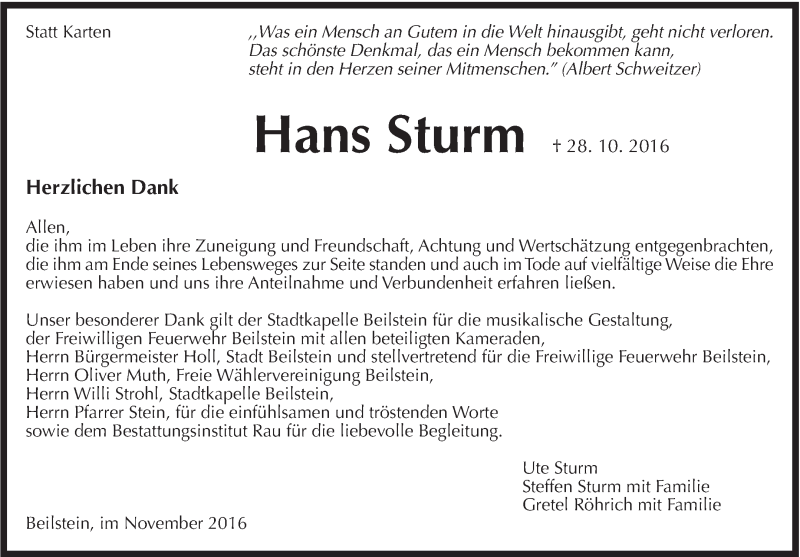  Traueranzeige für Hans Sturm vom 18.11.2016 aus Marbacher Zeitung