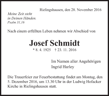Traueranzeige von Josef Schmidt von Marbacher Zeitung