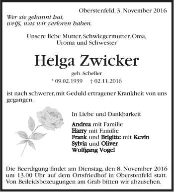Traueranzeige von Helga Zwicker von Marbacher Zeitung