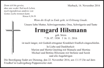 Traueranzeige von Irmgard Hilsmann von Marbacher Zeitung
