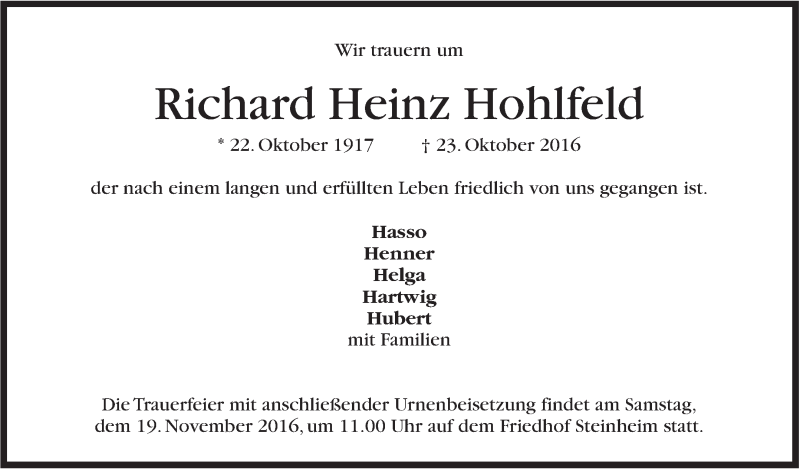  Traueranzeige für Richard Heinz Hohlfeld vom 03.11.2016 aus Marbacher Zeitung