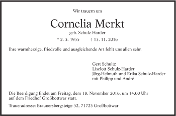 Traueranzeige von Cornelia Merkt von Marbacher Zeitung