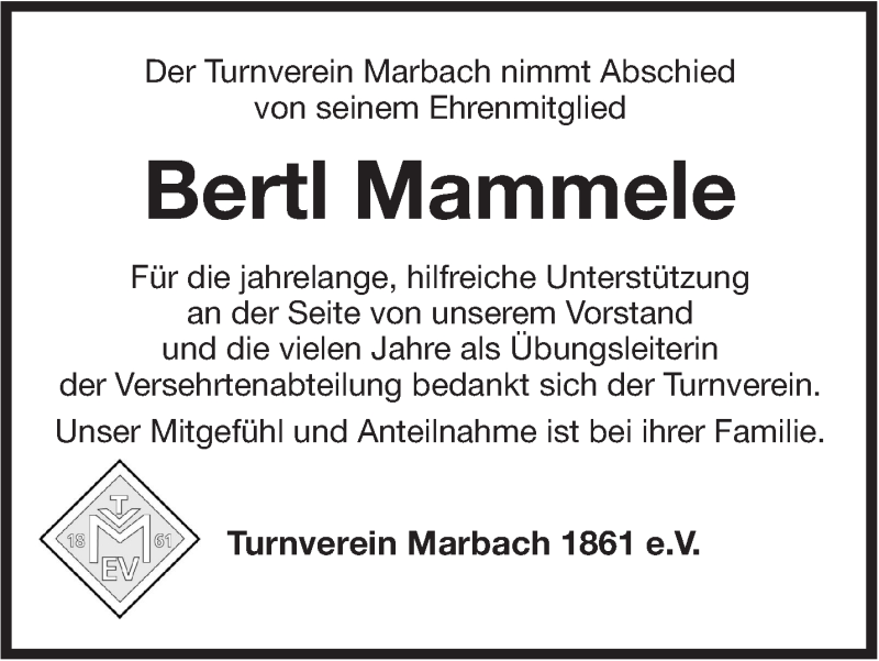  Traueranzeige für Bertl Mammele vom 29.11.2016 aus Marbacher Zeitung