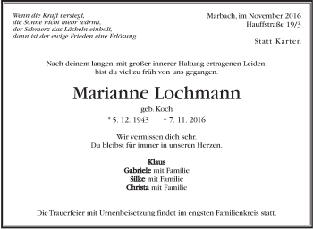 Traueranzeige von Marianne Lochmann von Marbacher Zeitung