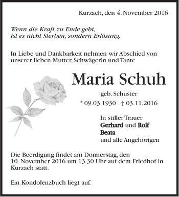Traueranzeige von Maria Schuh von Marbacher Zeitung
