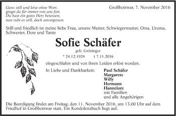 Traueranzeige von Sofie Schäfer von Marbacher Zeitung