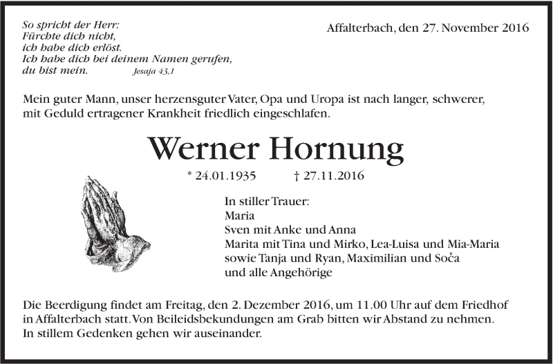  Traueranzeige für Werner Hornung vom 29.11.2016 aus Marbacher Zeitung