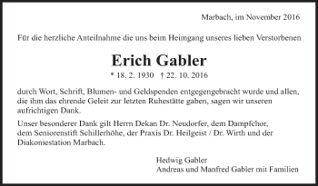 Traueranzeige von Erich Gabler von Marbacher Zeitung