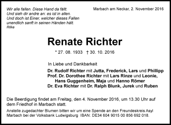 Traueranzeige von Renate Richter von Marbacher Zeitung