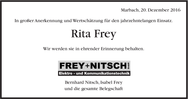  Traueranzeige für Rita Frey vom 20.12.2016 aus Marbacher Zeitung