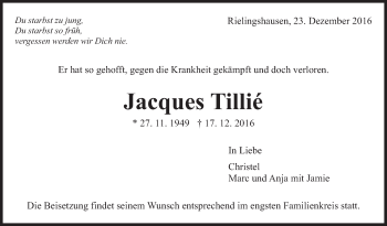 Traueranzeige von Jacques Tillie von Marbacher Zeitung