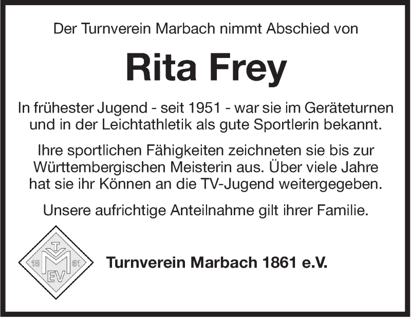  Traueranzeige für Rita Frey vom 20.12.2016 aus Marbacher Zeitung
