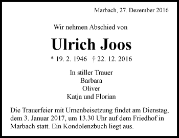 Traueranzeige von Ulrich Joos von Marbacher Zeitung
