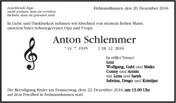 Traueranzeige von Anton Schlemmer von Marbacher Zeitung