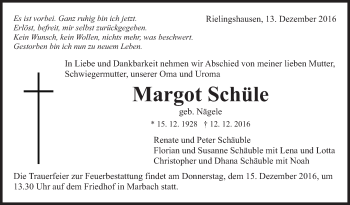 Traueranzeige von Margot Schüle von Marbacher Zeitung