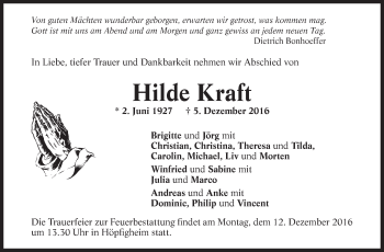Traueranzeige von Hilde Kraft von Marbacher Zeitung