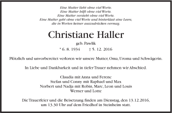 Traueranzeige von Christiane Haller von Marbacher Zeitung