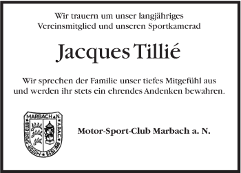 Traueranzeige von Jacques Tillie von Marbacher Zeitung