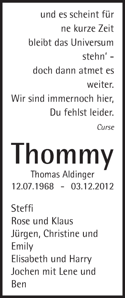  Traueranzeige für Thomas Aldinger vom 03.12.2016 aus Marbacher Zeitung