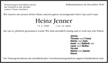 Traueranzeige von Heinz Jenner von Marbacher Zeitung