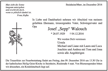 Traueranzeige von Josef Walouch von Marbacher Zeitung