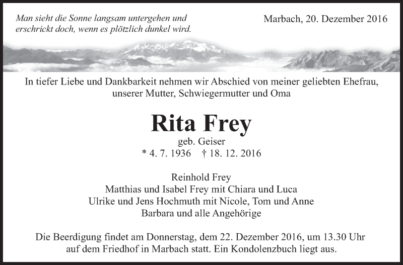  Traueranzeige für Rita Frey vom 20.12.2016 aus Marbacher Zeitung