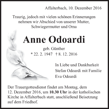Traueranzeige von Anne Odoardi von Marbacher Zeitung