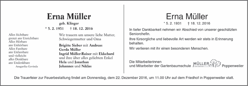 Traueranzeige für Erna Müller vom 20.12.2016 aus Marbacher Zeitung