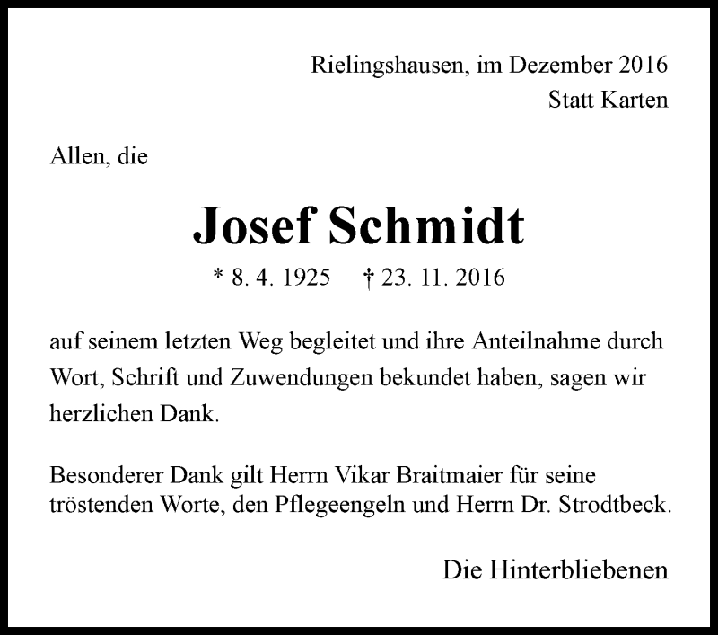  Traueranzeige für Josef Schmidt vom 14.12.2016 aus Marbacher Zeitung
