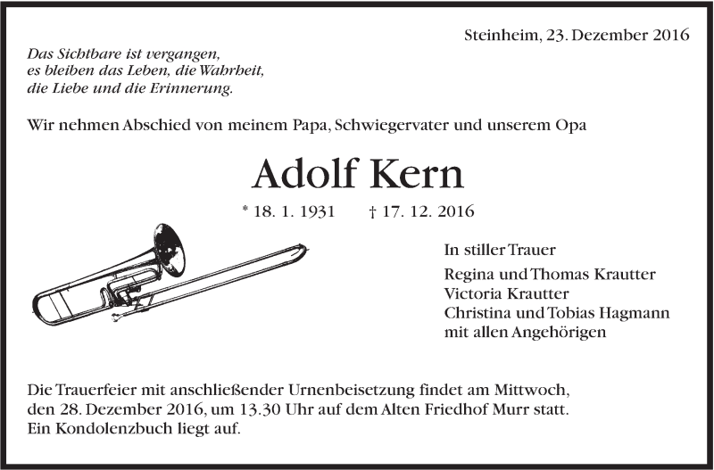  Traueranzeige für Adolf Kern vom 23.12.2016 aus Marbacher Zeitung