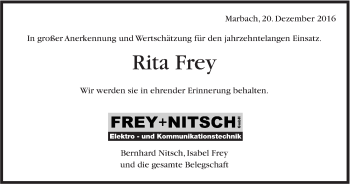 Traueranzeige von Rita Frey von Marbacher Zeitung