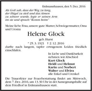 Traueranzeige von Helene Glock von Marbacher Zeitung