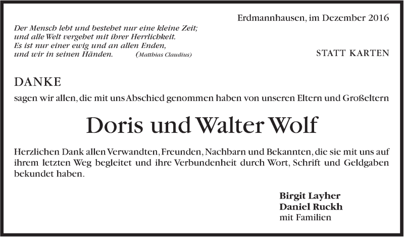  Traueranzeige für Doris und Walter  Wolf vom 17.12.2016 aus Marbacher Zeitung