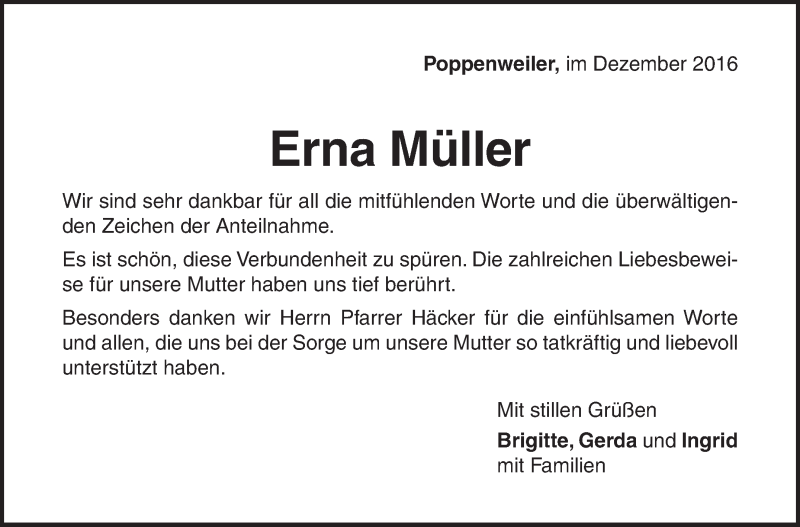  Traueranzeige für Erna Müller vom 30.12.2016 aus Marbacher Zeitung