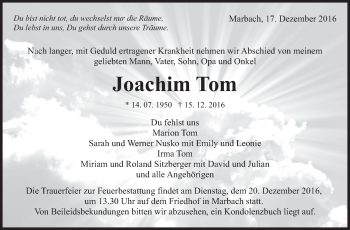 Traueranzeige von Joachim Tom von Marbacher Zeitung