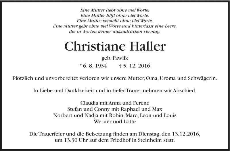  Traueranzeige für Christiane Haller vom 10.12.2016 aus Marbacher Zeitung