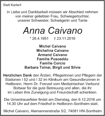 Traueranzeige von Anna Caivano von Marbacher Zeitung
