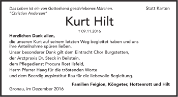 Traueranzeige von Kurt Hilt von Marbacher Zeitung