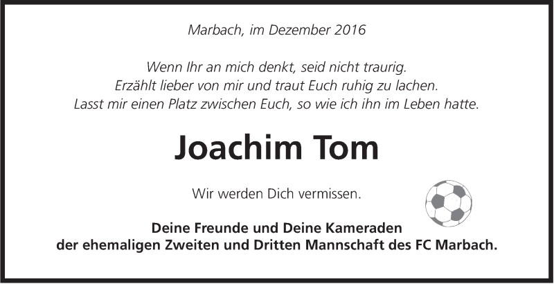  Traueranzeige für Joachim Tom vom 20.12.2016 aus Marbacher Zeitung