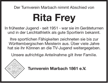 Traueranzeige von Rita Frey von Marbacher Zeitung
