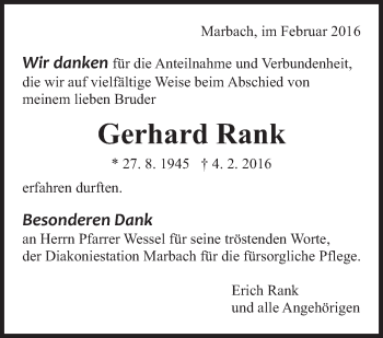 Traueranzeige von Gerhard Rank von Marbacher Zeitung